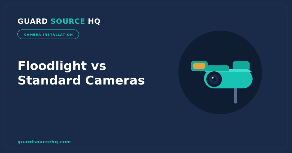 Illustration comparing a floodlight security camera with a standard security camera