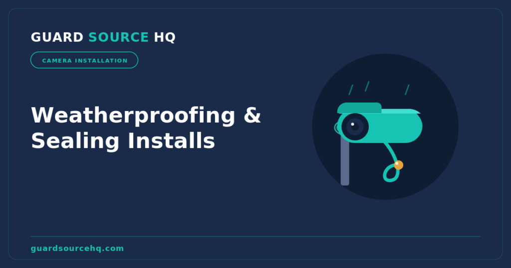 Cross-section illustration of a weatherproofed outdoor camera install with a sealed base and drip loop